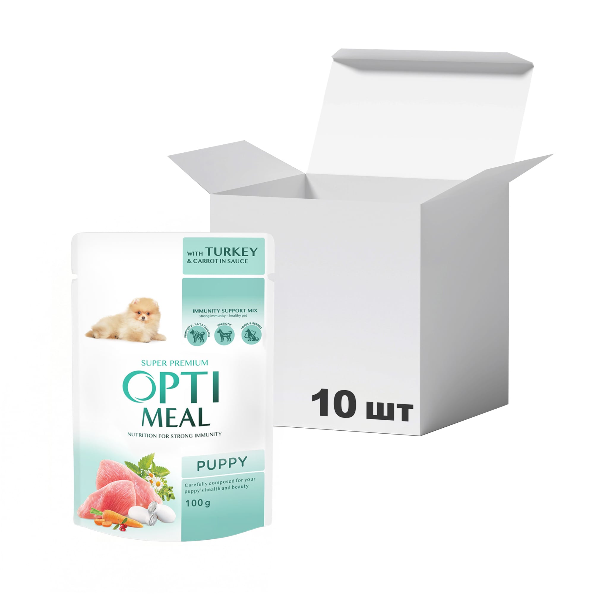 Упаковка вологого корму для цуценят Optimeal Super Premium Puppy, з індичкою та морквою в соусі, 100 г * 10 шт